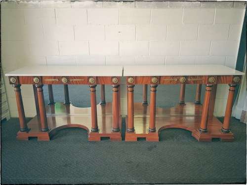 Magnificent original Pierre Cronje bespoke Yew wood console tables w/ white granite tops - RS17Sale