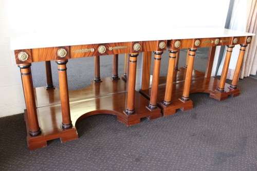 Magnificent original Pierre Cronje bespoke Yew wood console tables w/ white granite tops - RS17Sale