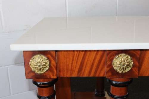 Magnificent original Pierre Cronje bespoke Yew wood console tables w/ white granite tops - RS17Sale