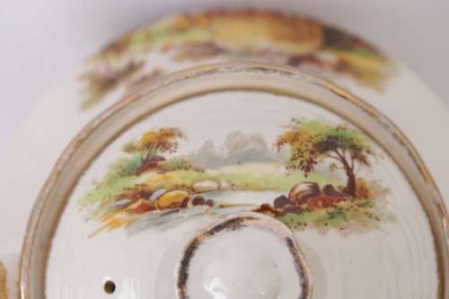 A gorgeous vintage Alfred Meakin ivory-porcelain 4-cup teapot with beautiful country scene detailing