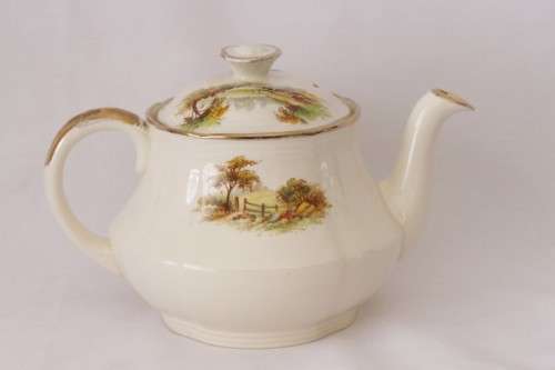 A gorgeous vintage Alfred Meakin ivory-porcelain 4-cup teapot with beautiful country scene detailing