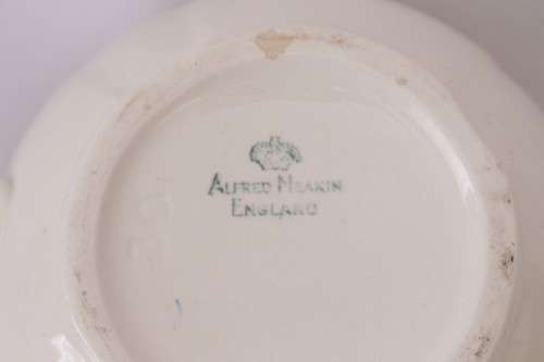 A gorgeous vintage Alfred Meakin ivory-porcelain 4-cup teapot with beautiful country scene detailing