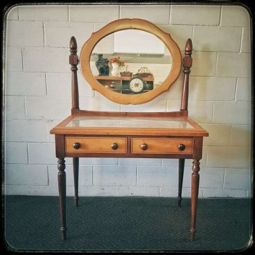 A stunning & well made 2-drawer Yellow wood & Imbuia marble-top dressing table with a tilting mirror