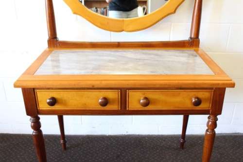 A stunning & well made 2-drawer Yellow wood & Imbuia marble-top dressing table with a tilting mirror