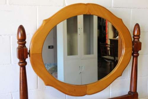 A stunning & well made 2-drawer Yellow wood & Imbuia marble-top dressing table with a tilting mirror