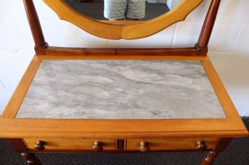 A stunning & well made 2-drawer Yellow wood & Imbuia marble-top dressing table with a tilting mirror