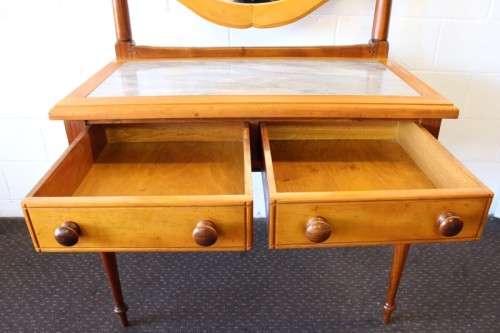 A stunning & well made 2-drawer Yellow wood & Imbuia marble-top dressing table with a tilting mirror