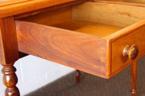 A stunning & well made 2-drawer Yellow wood & Imbuia marble-top dressing table with a tilting mirror