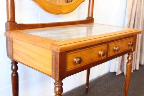 A stunning & well made 2-drawer Yellow wood & Imbuia marble-top dressing table with a tilting mirror