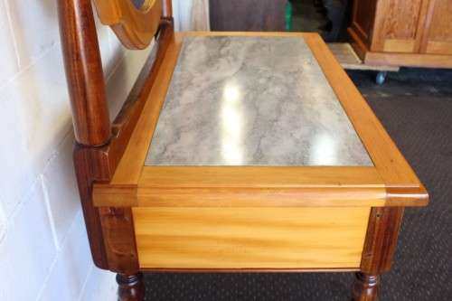 A stunning & well made 2-drawer Yellow wood & Imbuia marble-top dressing table with a tilting mirror