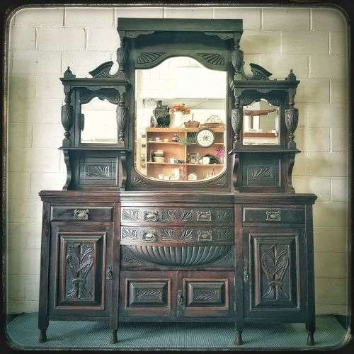 A remarkable antique Jacobean-style blackened Oak buffet hutch server w stunning carved detailing!!
