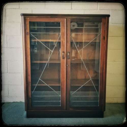 A stunning antique Art Deco 4-shelf lead-glass door front double door book case/ display cabinet