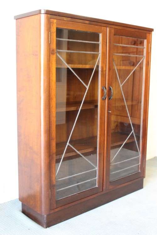 A stunning antique Art Deco 4-shelf lead-glass door front double door book case/ display cabinet