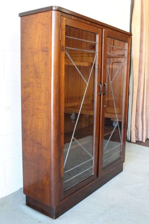 A stunning antique Art Deco 4-shelf lead-glass door front double door book case/ display cabinet