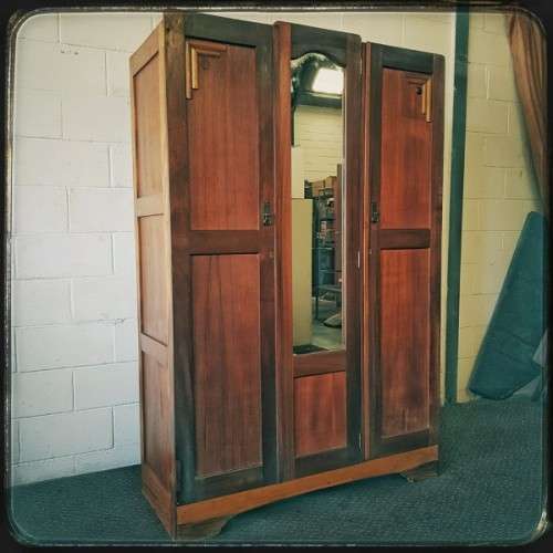An awesome vintage three-door, two division wardrobe w/ a "full-length" centre mirror & ample space