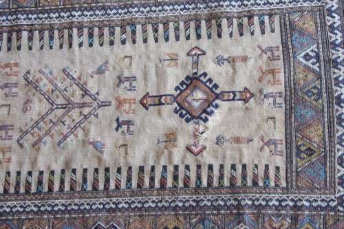 A beautiful long (4 meter) traditional Turkish Qashqai tribal "runner" Persian carpet w/ deer motifs