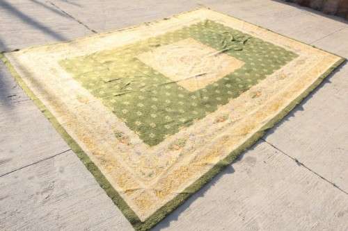 **RS17** A large vintage European made thick pile carpet/ rug in green & cream w/ pink detailing