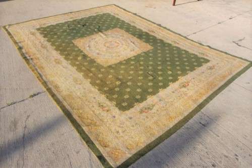 **RS17** A large vintage European made thick pile carpet/ rug in green & cream w/ pink detailing