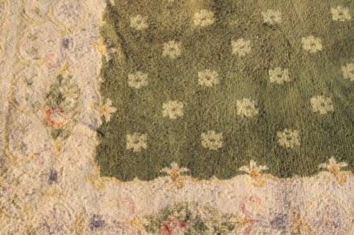 **RS17** A large vintage European made thick pile carpet/ rug in green & cream w/ pink detailing