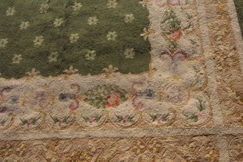 **RS17** A large vintage European made thick pile carpet/ rug in green & cream w/ pink detailing