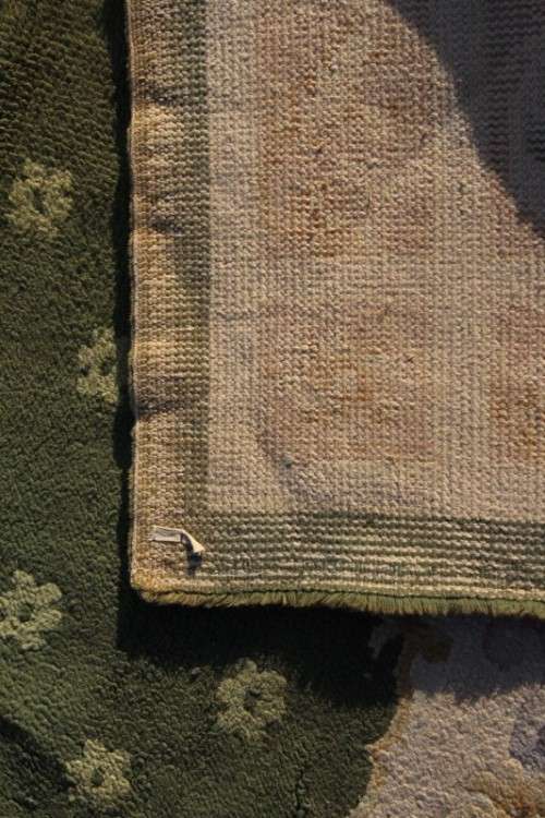 **RS17** A large vintage European made thick pile carpet/ rug in green & cream w/ pink detailing