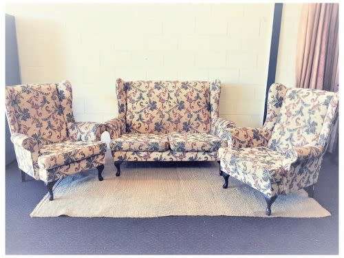 **RS17_Clearance** A beautiful floral upholstered Queen Anne style wing-back lounge suite