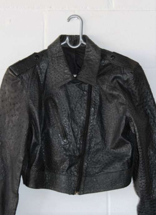 A stunning and very stylish black genuine ostrich skin leather ladies (size medium) bomber jacket