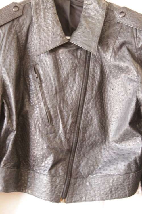 A stunning and very stylish black genuine ostrich skin leather ladies (size medium) bomber jacket
