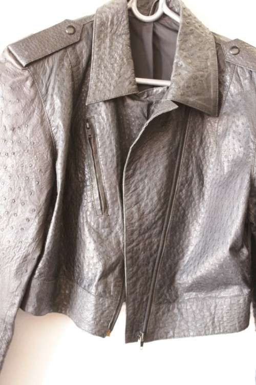 A stunning and very stylish black genuine ostrich skin leather ladies (size medium) bomber jacket