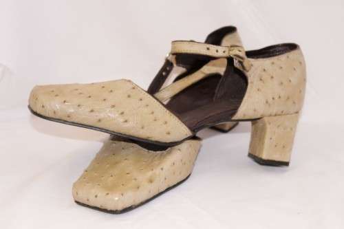 DISCOUNT! Tan genuine ostrich skin leather ladies square-toe ankle-strap shoes (size 8)