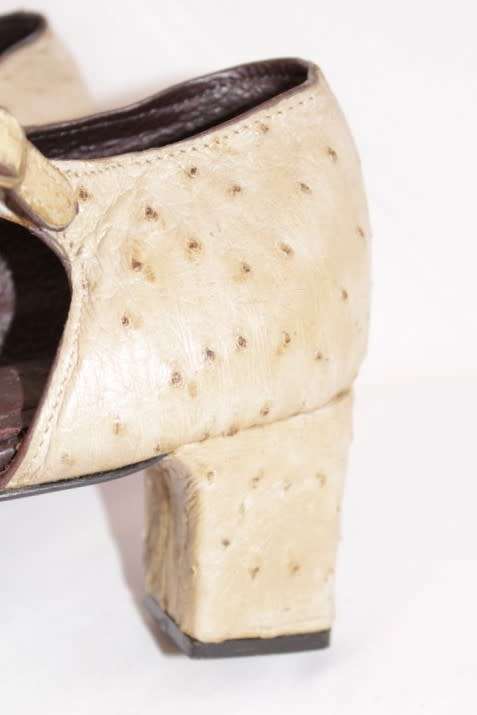 DISCOUNT! Tan genuine ostrich skin leather ladies square-toe ankle-strap shoes (size 8)