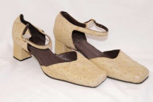 DISCOUNT! Tan genuine ostrich skin leather ladies square-toe ankle-strap shoes (size 8)