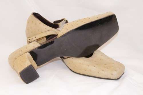 DISCOUNT! Tan genuine ostrich skin leather ladies square-toe ankle-strap shoes (size 8)