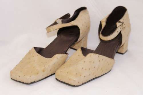 DISCOUNT! Tan genuine ostrich skin leather ladies square-toe ankle-strap shoes (size 8)