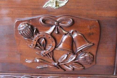 A stunning and beautiful hand carved solid Imbuia ball & claw kist with a 3-way lid & ample space