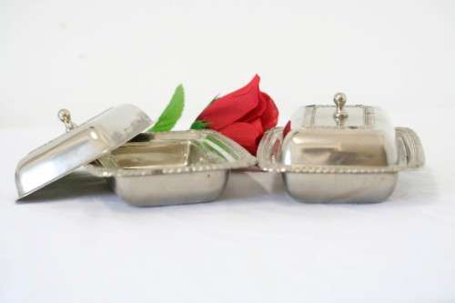 **RS17** 2 beautiful vintage silver plated lidded breakfast butter dishes w/ ornate lids. Price/dish