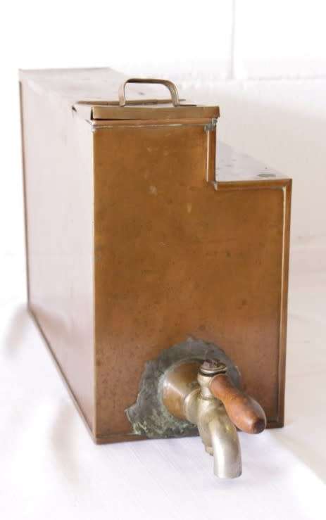 Amazing antique Victorian copper coal stove water boiler (urn) tank w/ a brass tap & wooden handle