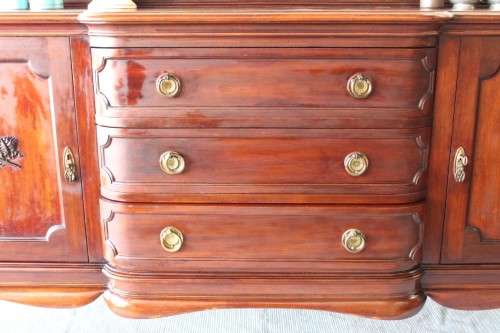 An exquisite LARGE vintage side server with pad foot legs and stunning carved wooden rosettes!