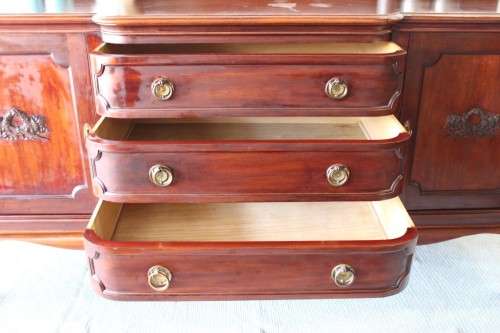 An exquisite LARGE vintage side server with pad foot legs and stunning carved wooden rosettes!