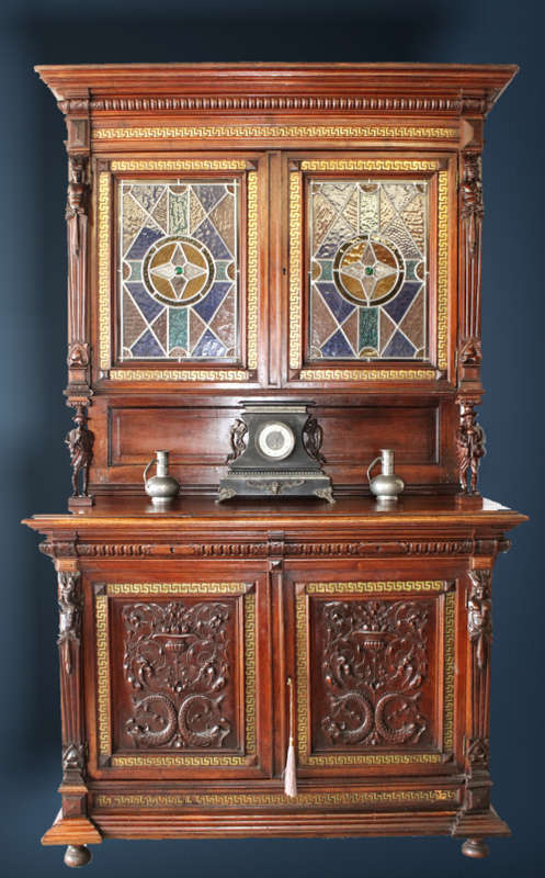 A spectacular antique (1800s) heavily carved Tiger Oak "Mechelen Style" buffet w stained glass - WOW