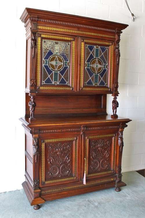 A spectacular antique (1800s) heavily carved Tiger Oak "Mechelen Style" buffet w stained glass - WOW