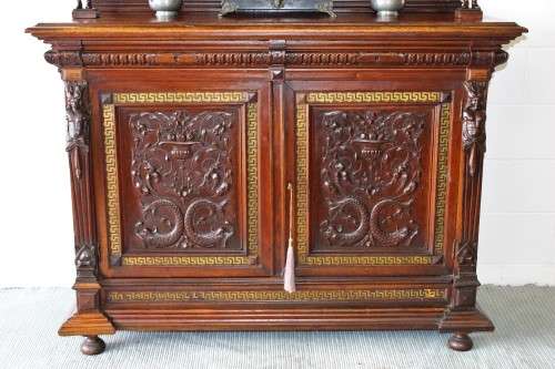 A spectacular antique (1800s) heavily carved Tiger Oak "Mechelen Style" buffet w stained glass - WOW