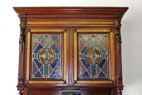 A spectacular antique (1800s) heavily carved Tiger Oak "Mechelen Style" buffet w stained glass - WOW