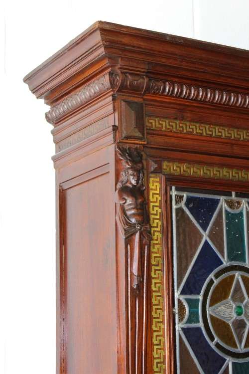 A spectacular antique (1800s) heavily carved Tiger Oak "Mechelen Style" buffet w stained glass - WOW