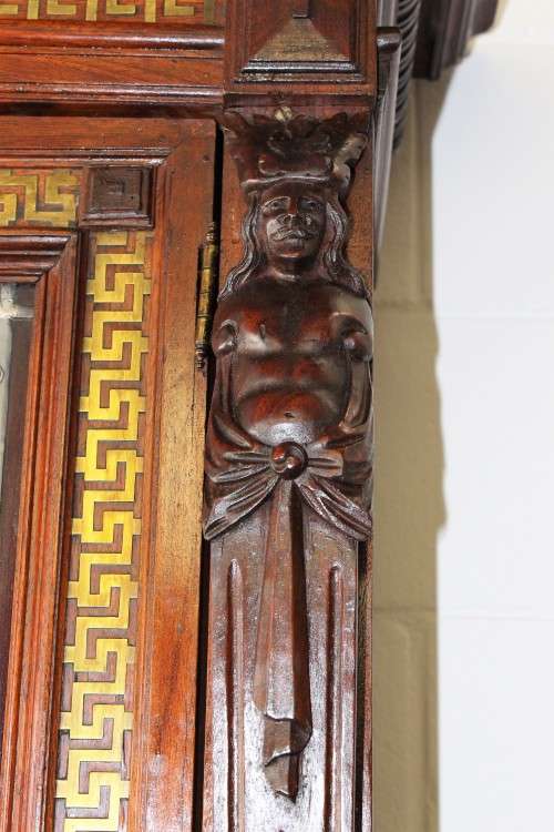 A spectacular antique (1800s) heavily carved Tiger Oak "Mechelen Style" buffet w stained glass - WOW
