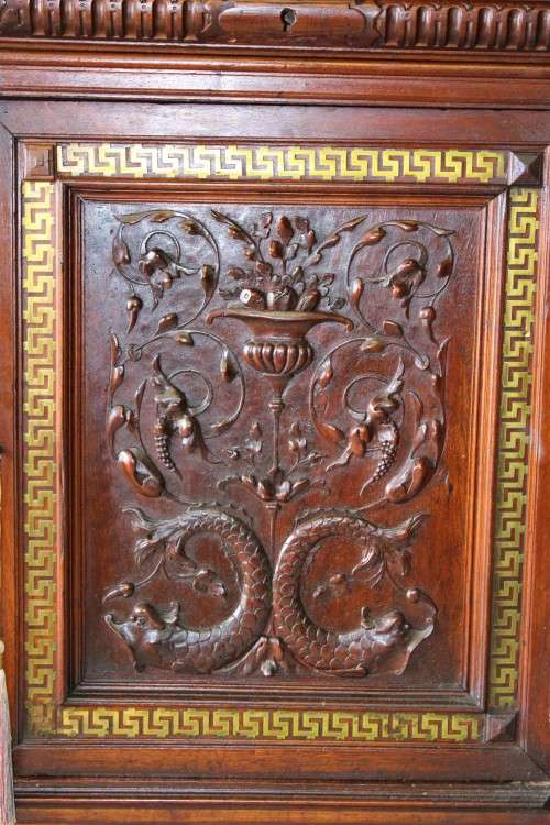 A spectacular antique (1800s) heavily carved Tiger Oak "Mechelen Style" buffet w stained glass - WOW
