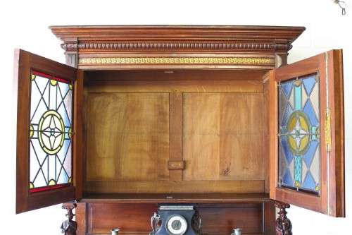 A spectacular antique (1800s) heavily carved Tiger Oak "Mechelen Style" buffet w stained glass - WOW