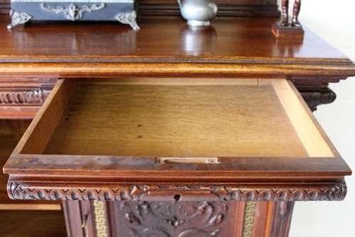 A spectacular antique (1800s) heavily carved Tiger Oak "Mechelen Style" buffet w stained glass - WOW
