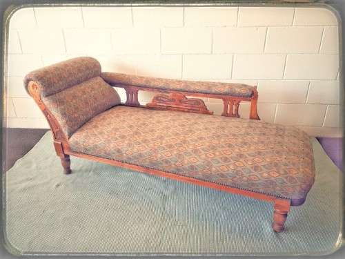 **RS17_Clearance** Edwardian solid teak hand carved rail-back upholstered Chaise Lounge