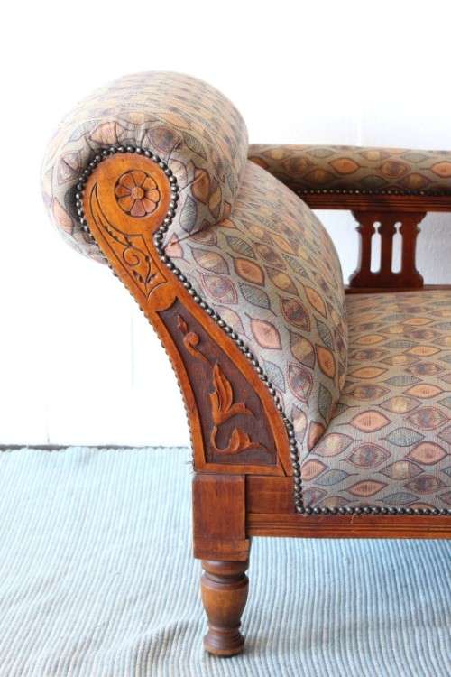 **RS17_Clearance** Edwardian solid teak hand carved rail-back upholstered Chaise Lounge